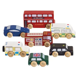 Set of toy vehicles including a red double-decker bus, police car, taxi, and other models on a white background.