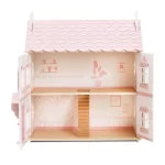 Small wooden dollhouse with pink roof and white walls.