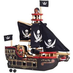 Toy pirate ship with black sails featuring skull and crossbones, on a white background