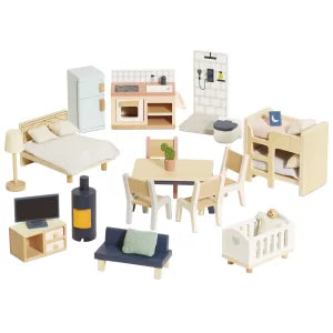 Set of wooden toy furniture including a bed, table, chairs, and shelves on a white background.