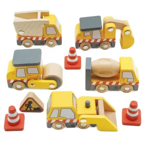 Set of toy construction vehicles including trucks and a crane on a white background