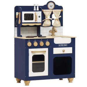 Children's toy kitchen set with blue and white design on a white background