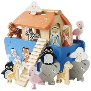 Noah's Ark toy set with various animal figures on a white background