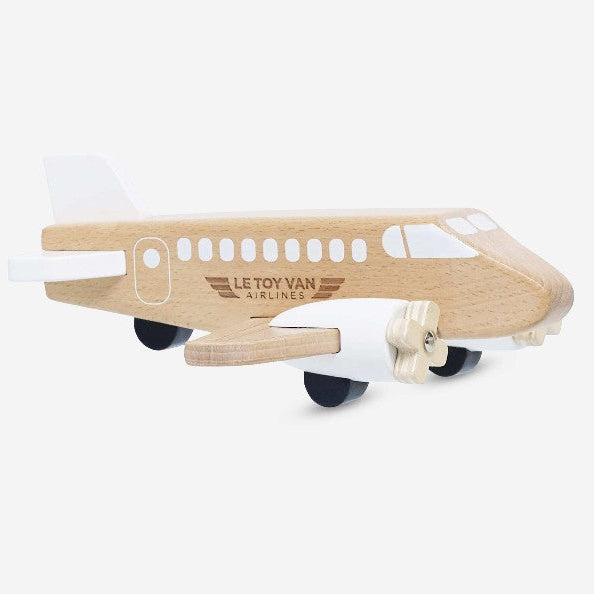 Wooden airplane toy with 'Le Toy Van' branding on a white background