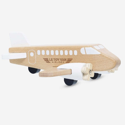 Wooden airplane toy with 'Le Toy Van' branding on a white background