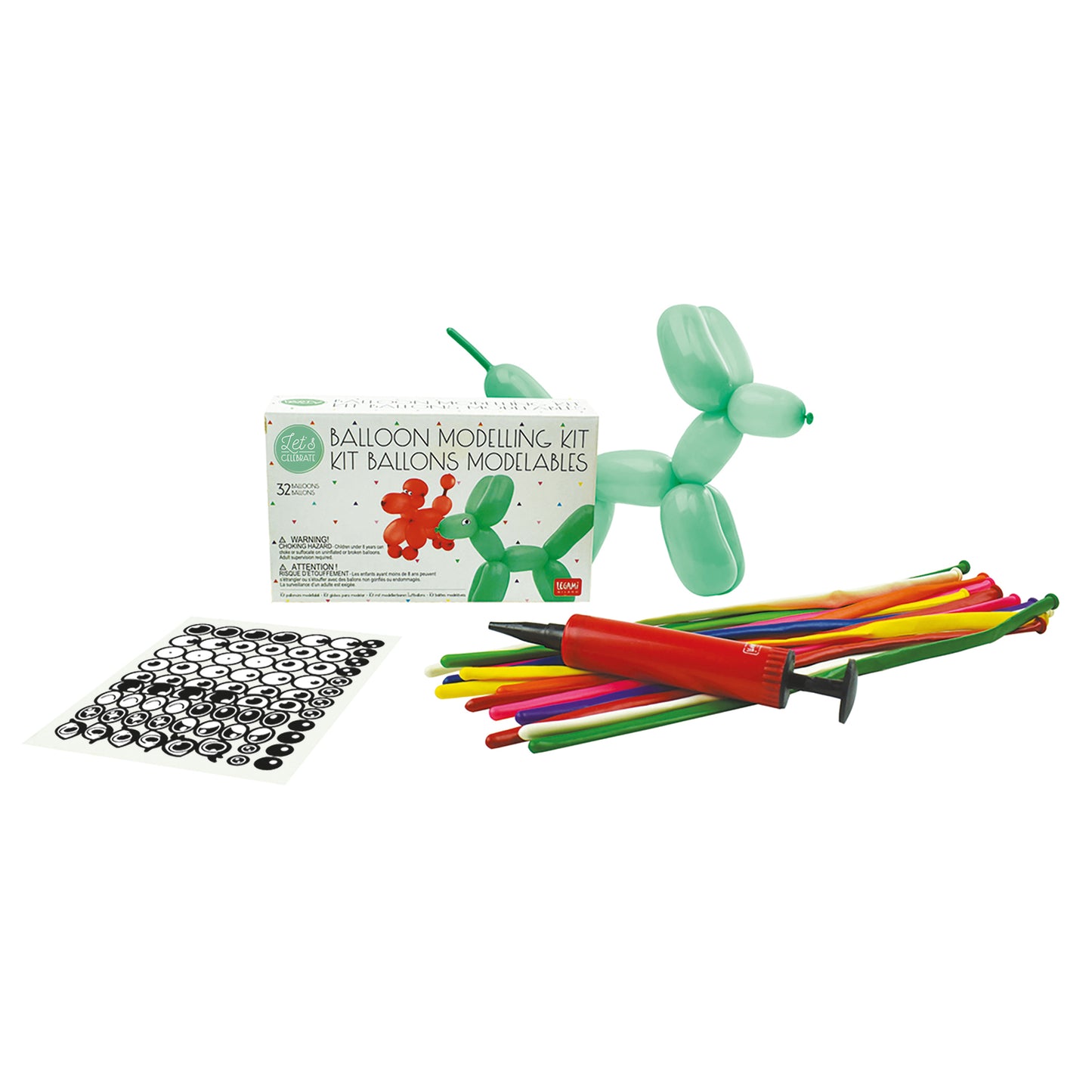 Balloon modeling kit with balloons, markers, and a box on a white background