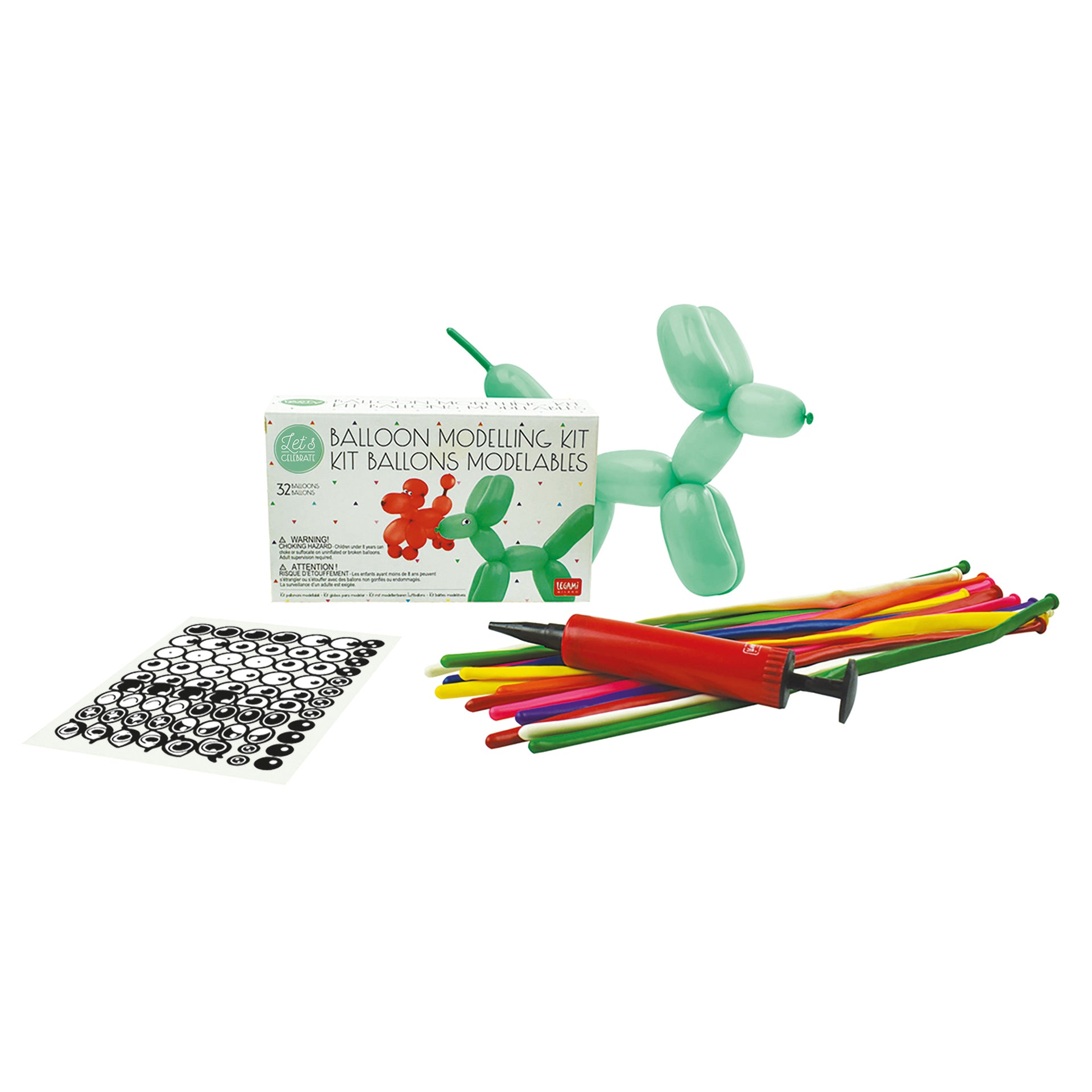 Balloon modeling kit with balloons, markers, and a box on a white background