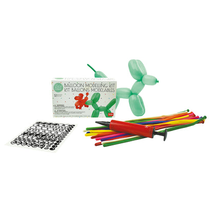 Balloon modeling kit with balloons, markers, and a box on a white background