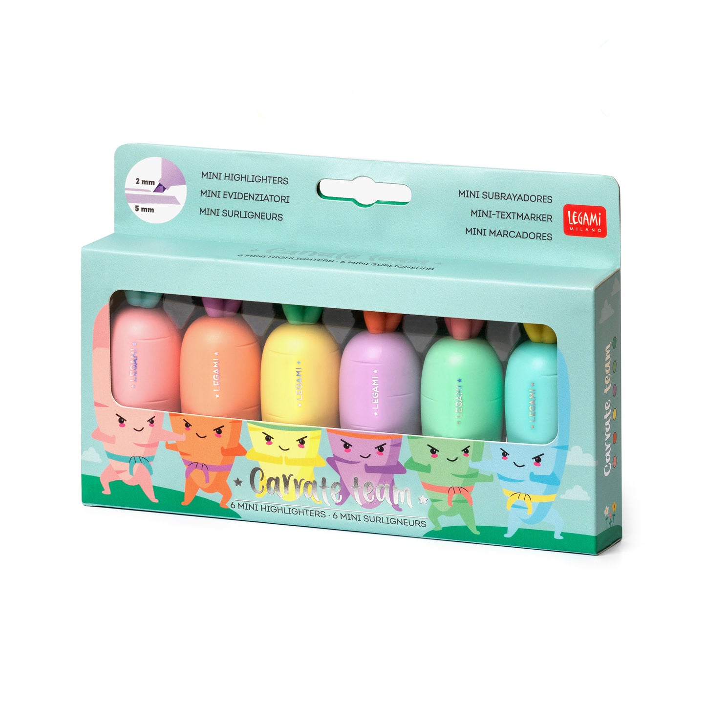 Packaging of colorful mini highlighters with cartoon characters on a white background