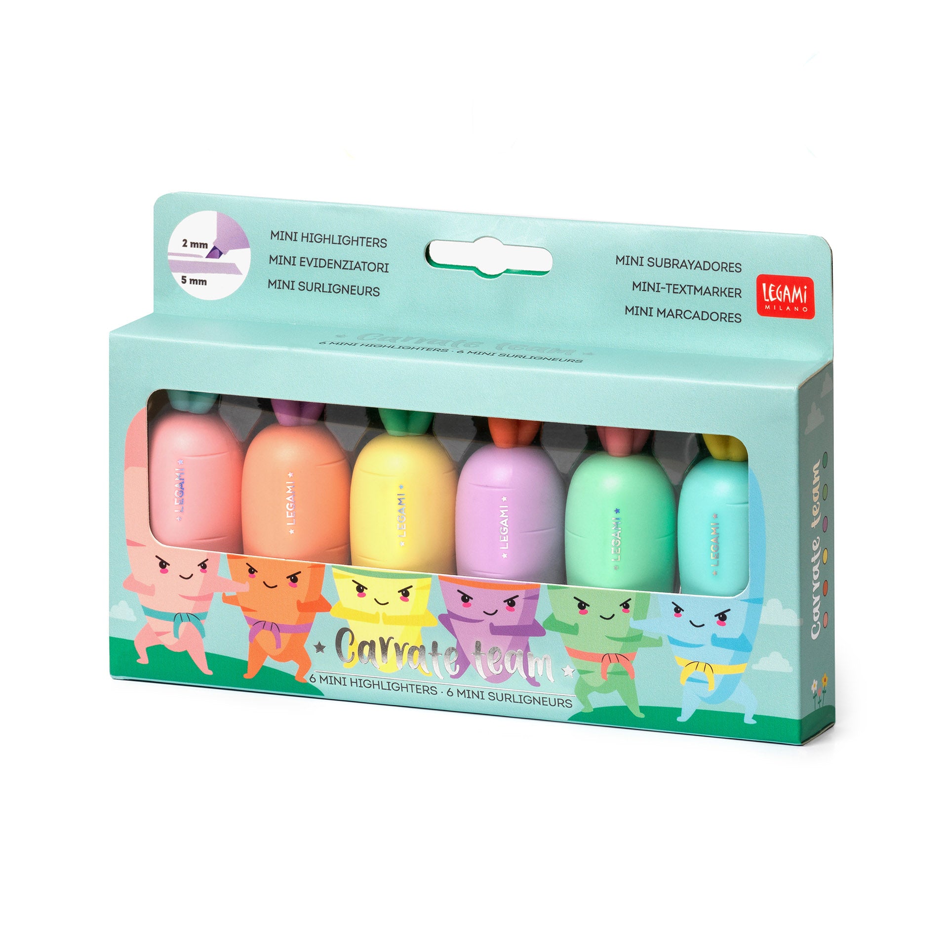 Packaging of colorful mini highlighters with cartoon characters on a white background