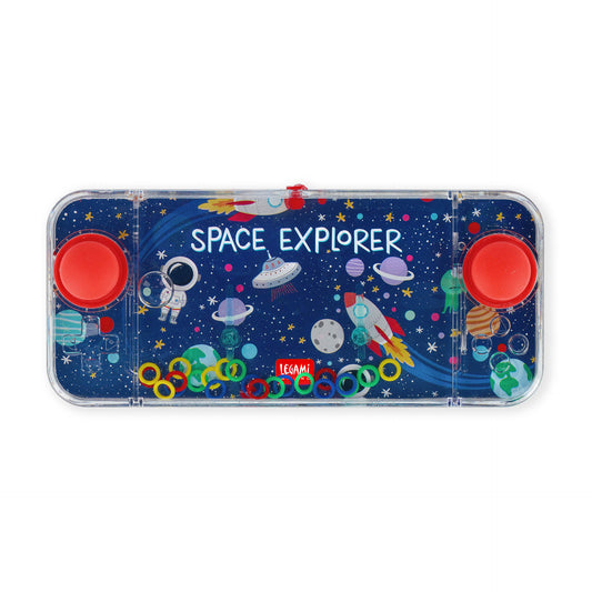 Space-themed toy with red buttons and 'Space Explorer' text on a blue background
