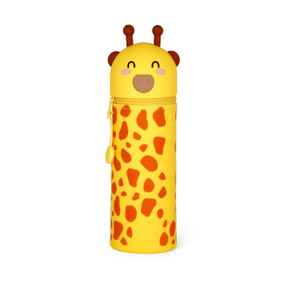 Yellow pencil case with giraffe design on a white background