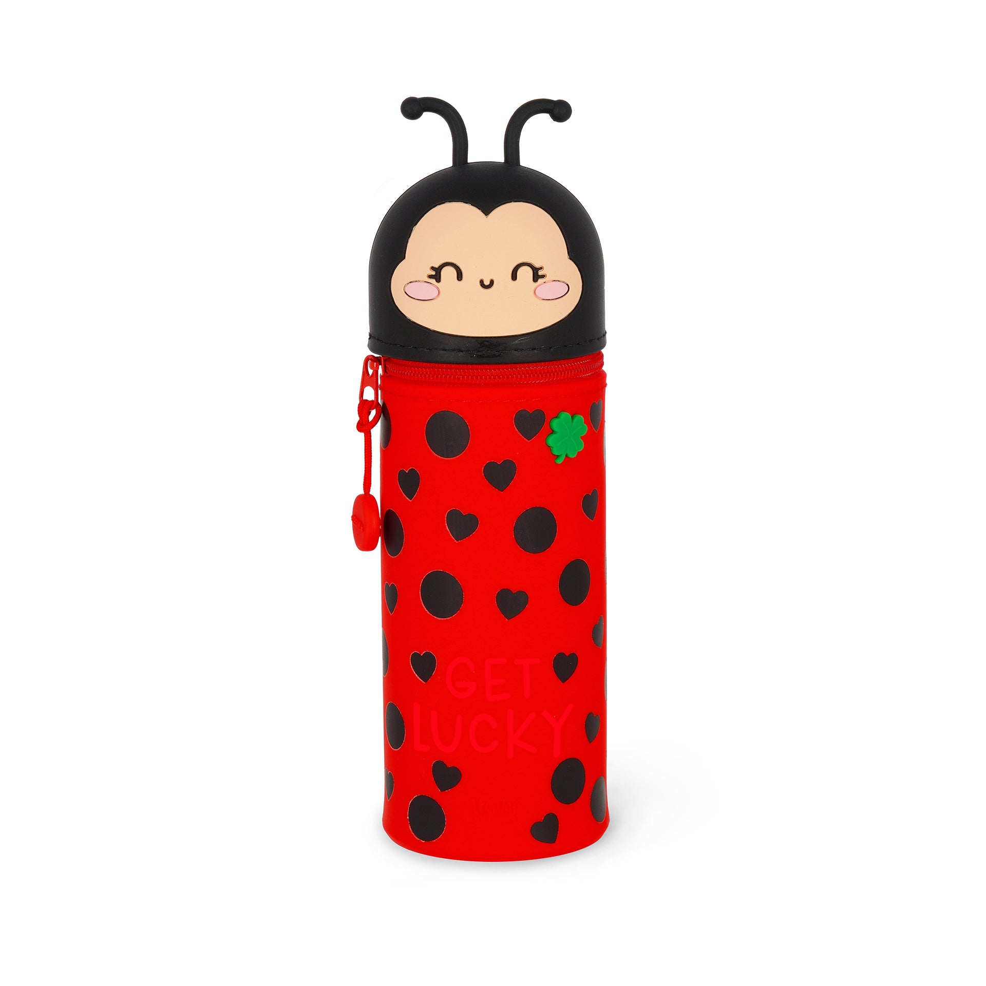Red ladybug-shaped water bottle with a black lid on a white background