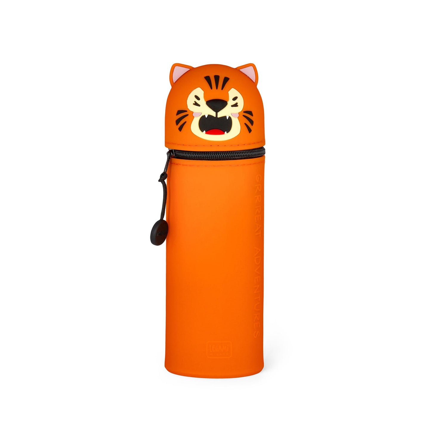Orange water bottle with tiger design on a white background