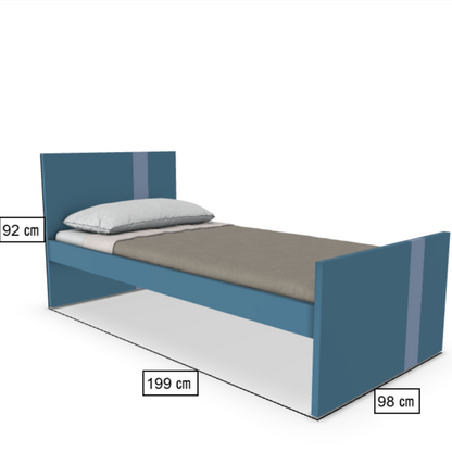 Blue bed frame with dimensions labeled on a white background