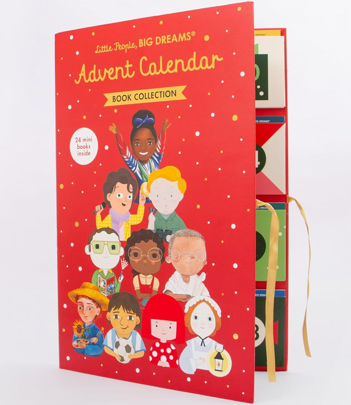 Red advent calendar with illustrations of children on a white background