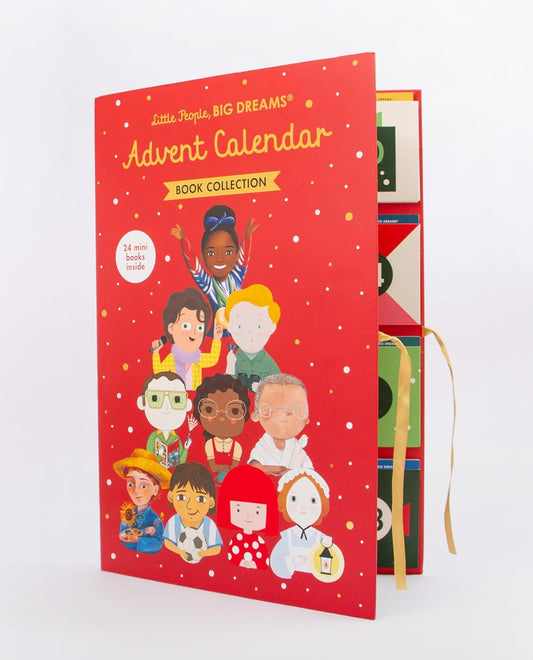 Red advent calendar with illustrations of children on a white background