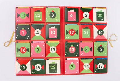 Advent calendar with colorful boxes numbered from 1 to 24 on a white background