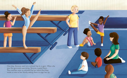 Illustration of children at a school gym, with one child copying another's actions.