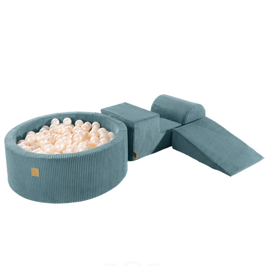 Teal children's playpen with ball pit on a white background