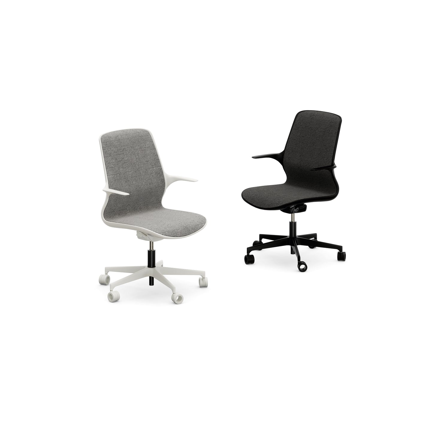 Two Nidi Leaf children’s ergonomic desk chairs with upholstered seats and armrests, one in white and one in black