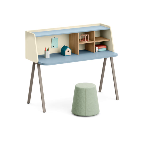 Children's desk with shelves and a stool on a white background