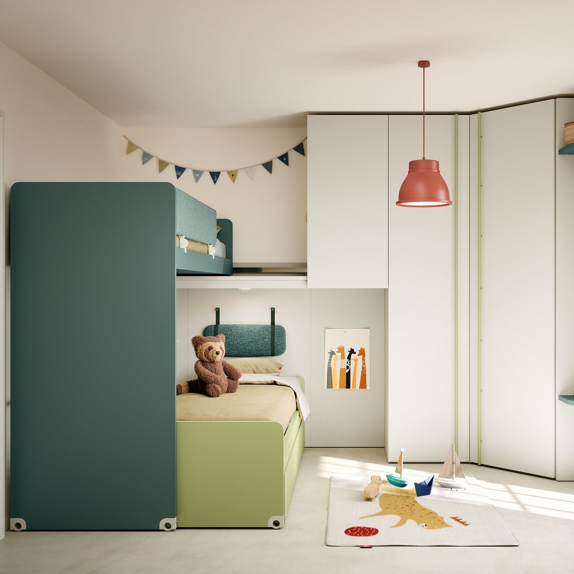 Kids roomset with green bunk bed and walk in wardrobe.