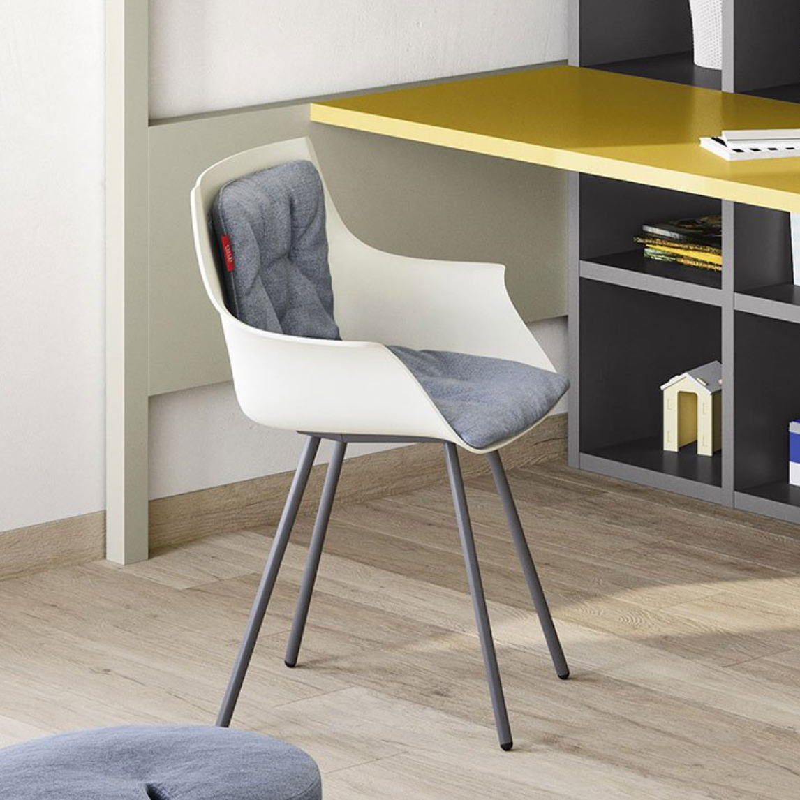 Nidi desk Chair with grey cushion and yellow desk