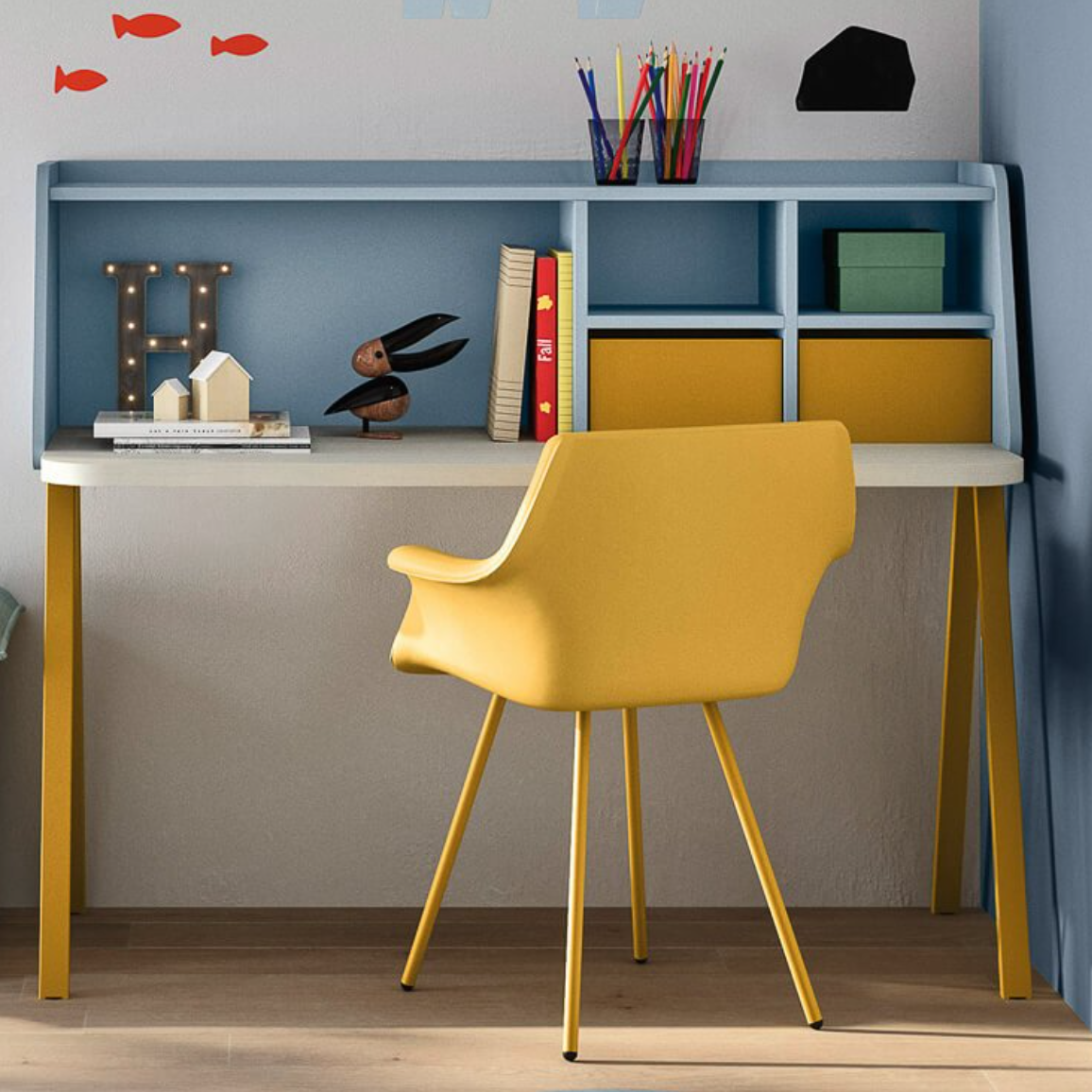 Nidi Blue desk with storage and yellow desk chair