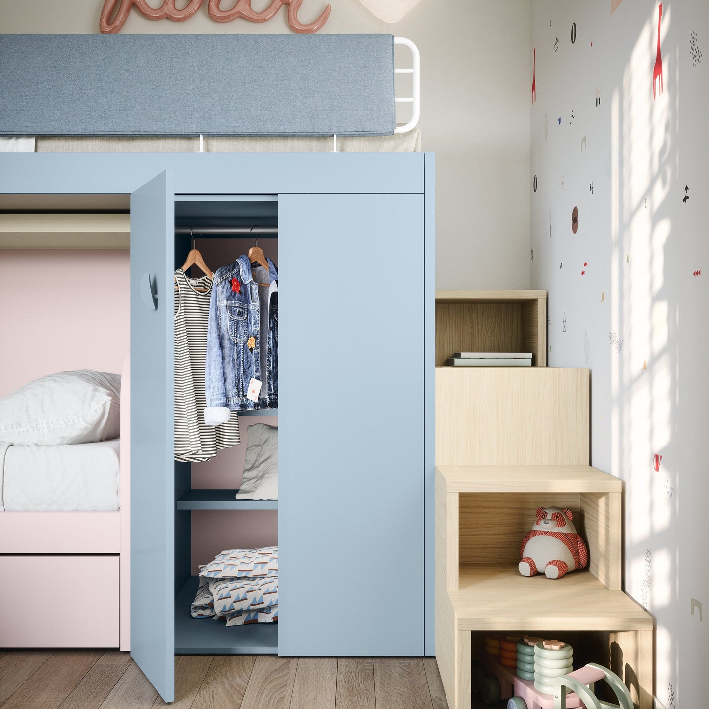 Wardrobe fitted under kids bunk bed