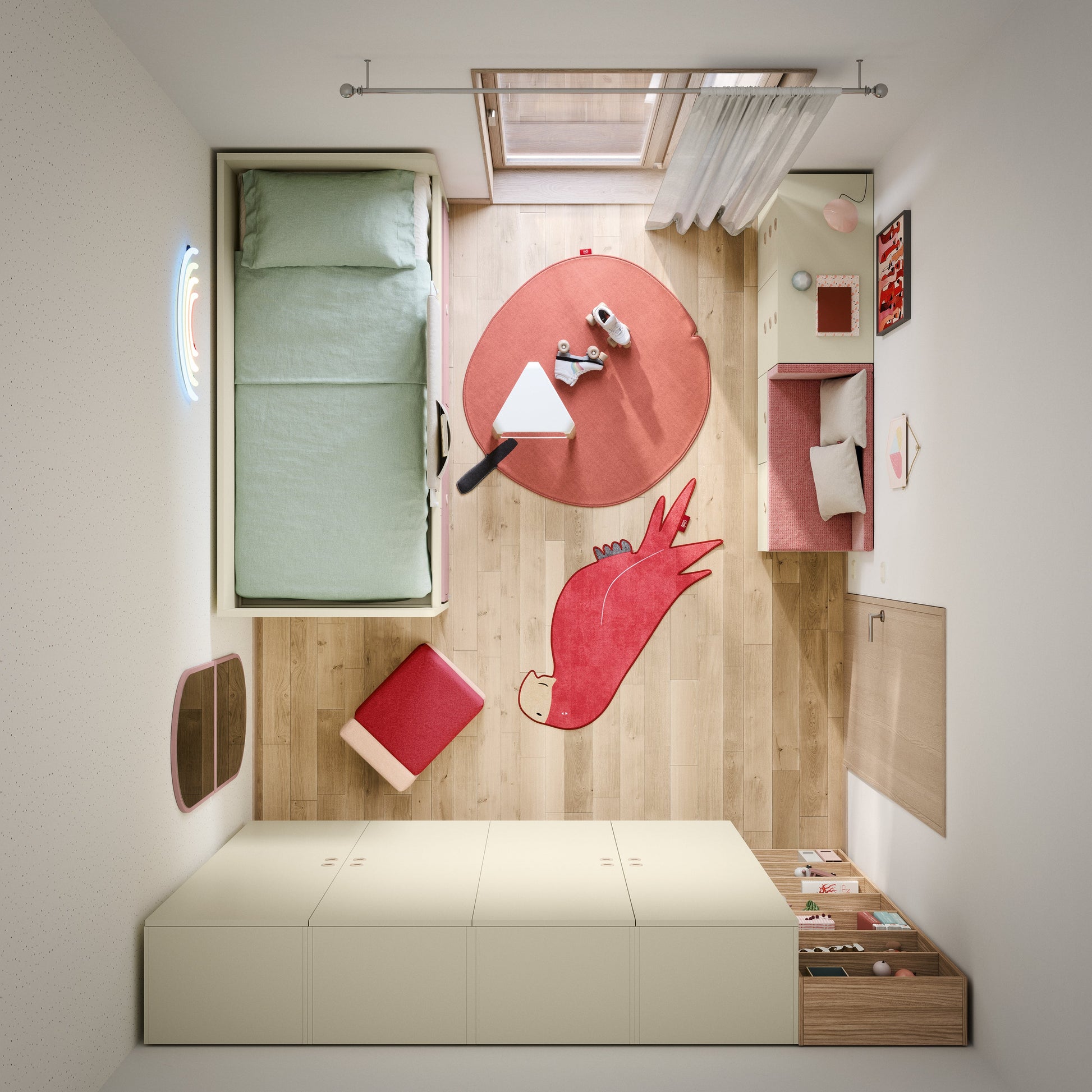 Small room with a bed, desk, and various items arranged on the floor.