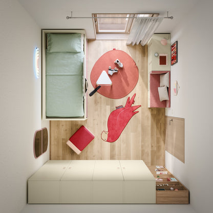 Small room with a bed, desk, and various items arranged on the floor.