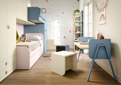 Children's room with bunk bed, desk, and chair.
