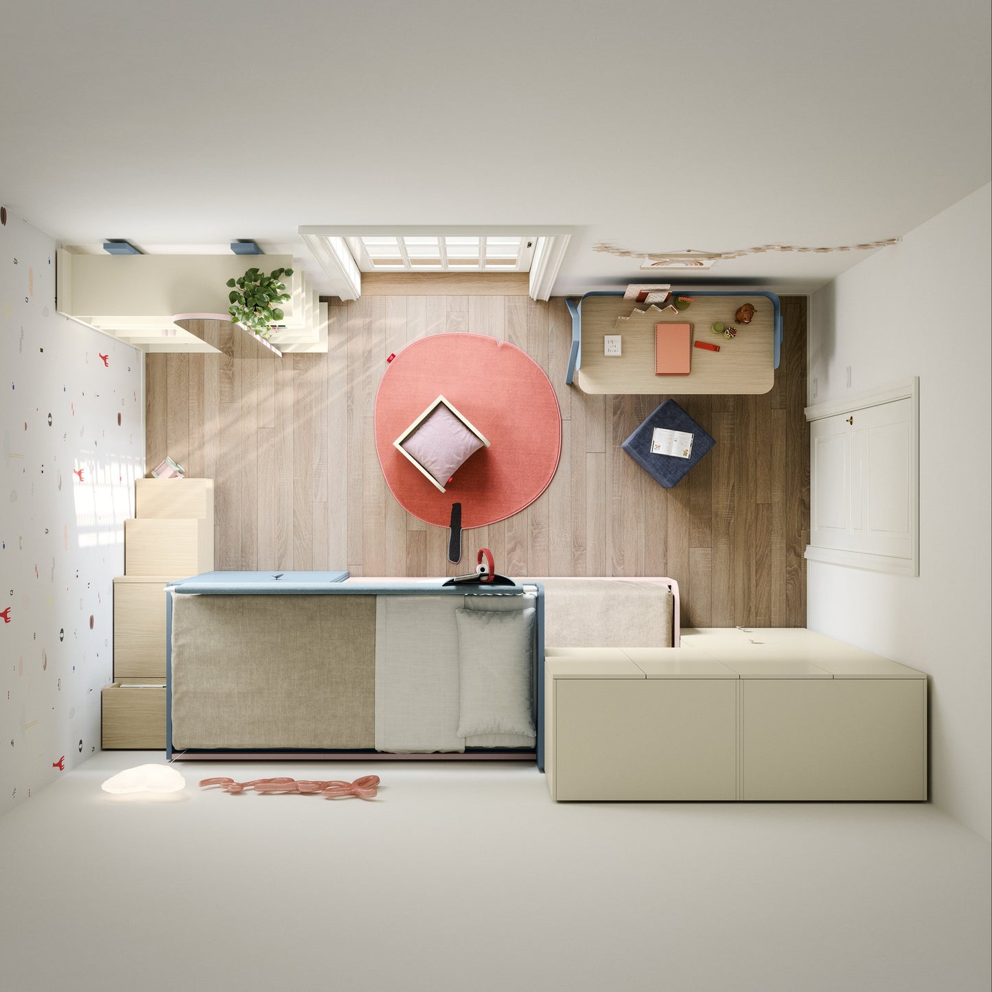 Modern interior design with a round red table, beige sofa, and wooden wall.