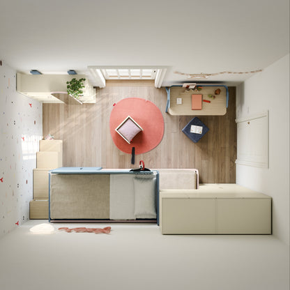 Modern interior design with a round red table, beige sofa, and wooden wall.