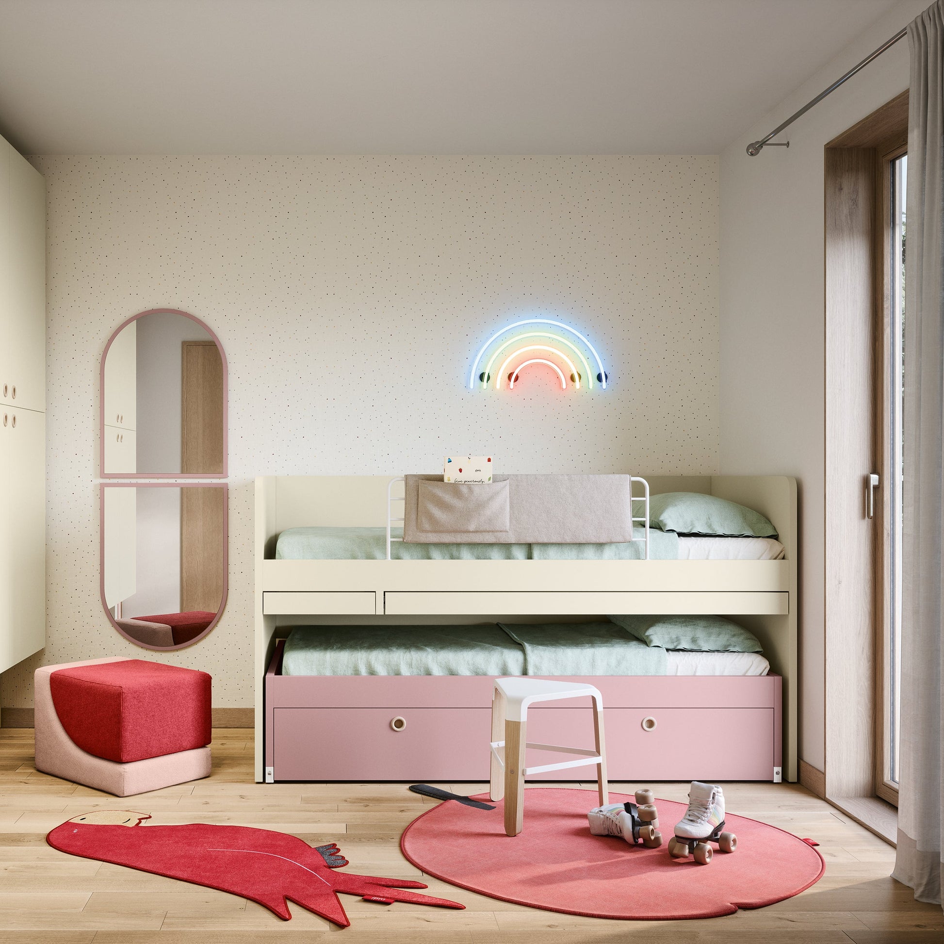 Trundle Bed with drop down desk in pink and cream