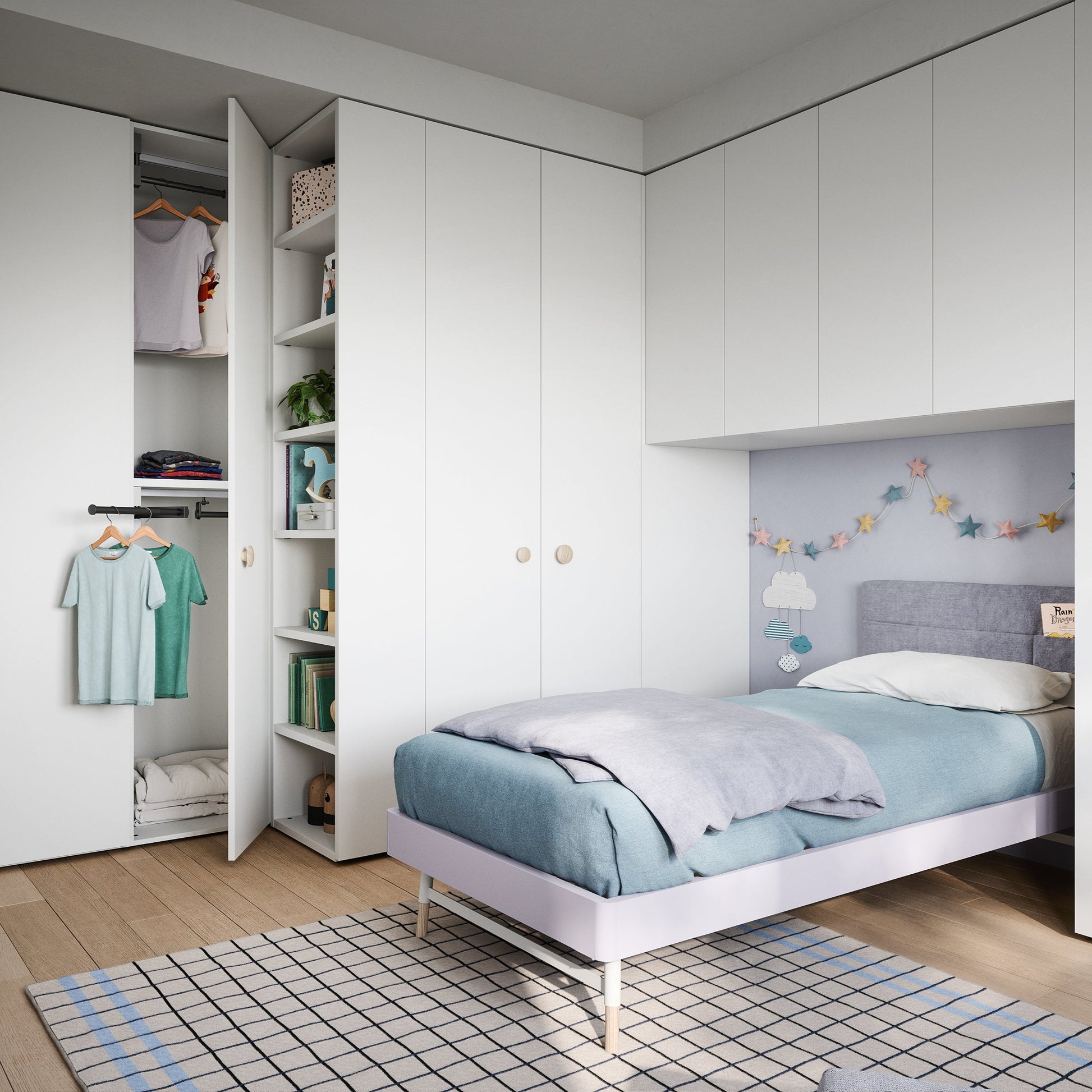 Modern bedroom with white walls, a bed, and wardrobe.