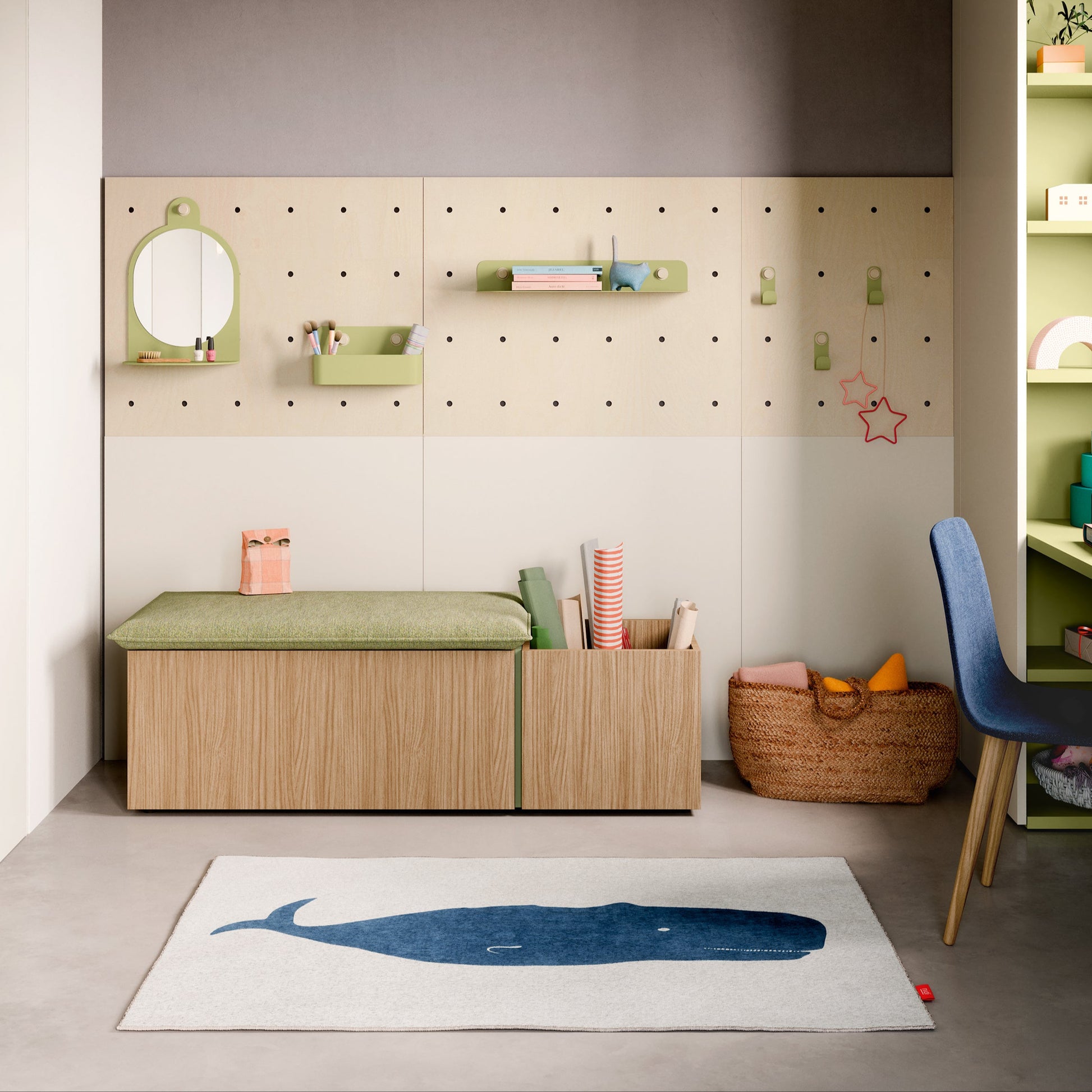 Children's room with wooden bench, shelves, and colorful decor.