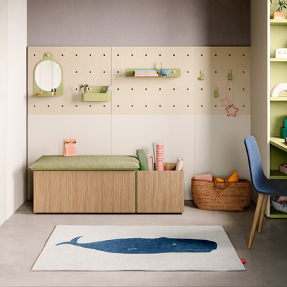 Children's room with wooden bench, shelves, and colorful decor.