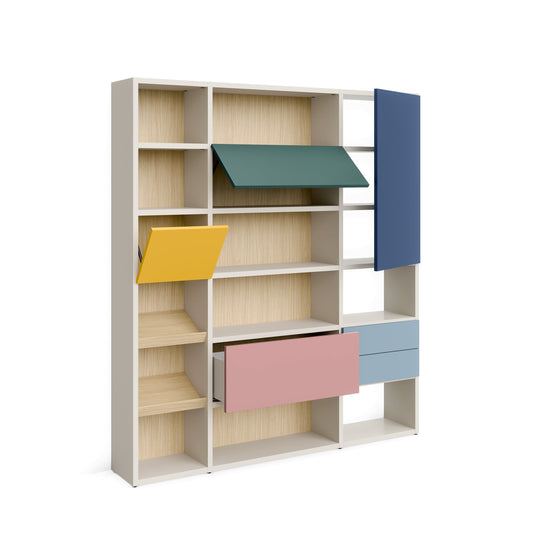 Multicolored bookshelf with open shelves and drawers on a white background