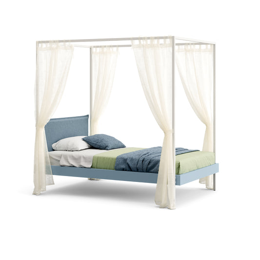 Four-poster bed with white curtains and colorful bedding on a white background