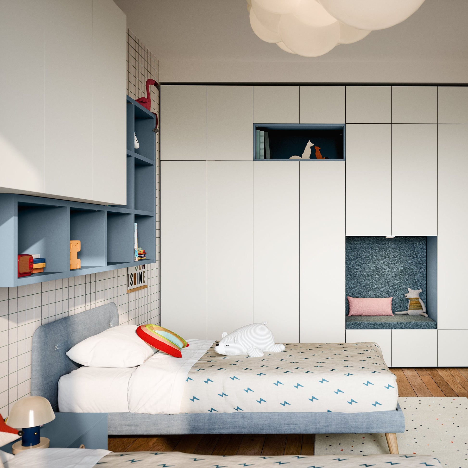 modern kids modular bedroom with coordinated furniture and storage