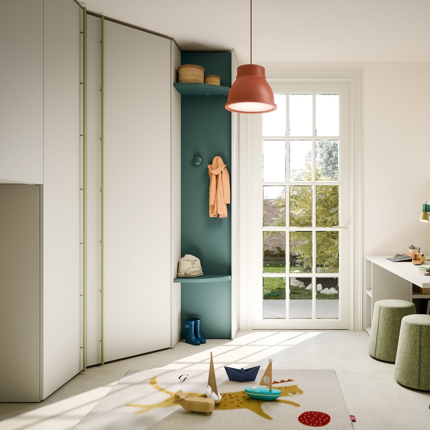 Modern interior with a wardrobe, shelves, and a desk by a window.