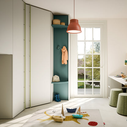 Modern interior with a wardrobe, shelves, and a desk by a window.