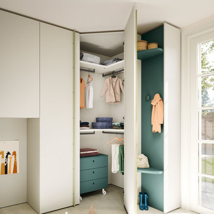 Open closet with clothes and shelves in a well-lit room