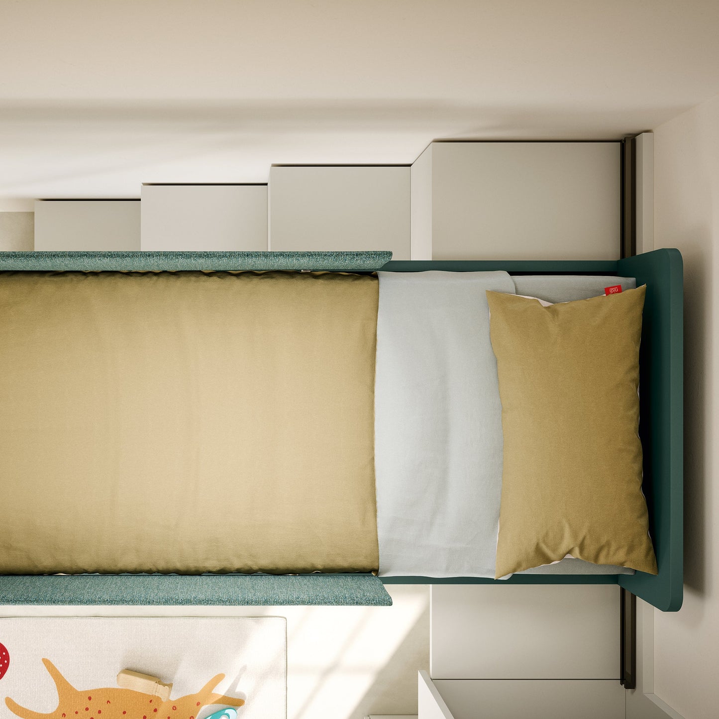 Bunk bed with green frame and beige mattress and pillow in a room setting.