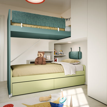 Green and beige bunk bed in a room with toys and shelves.