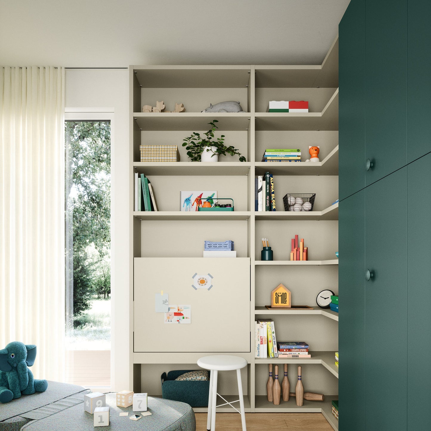 Modern living room with bookshelves, green wall, and children's toys.