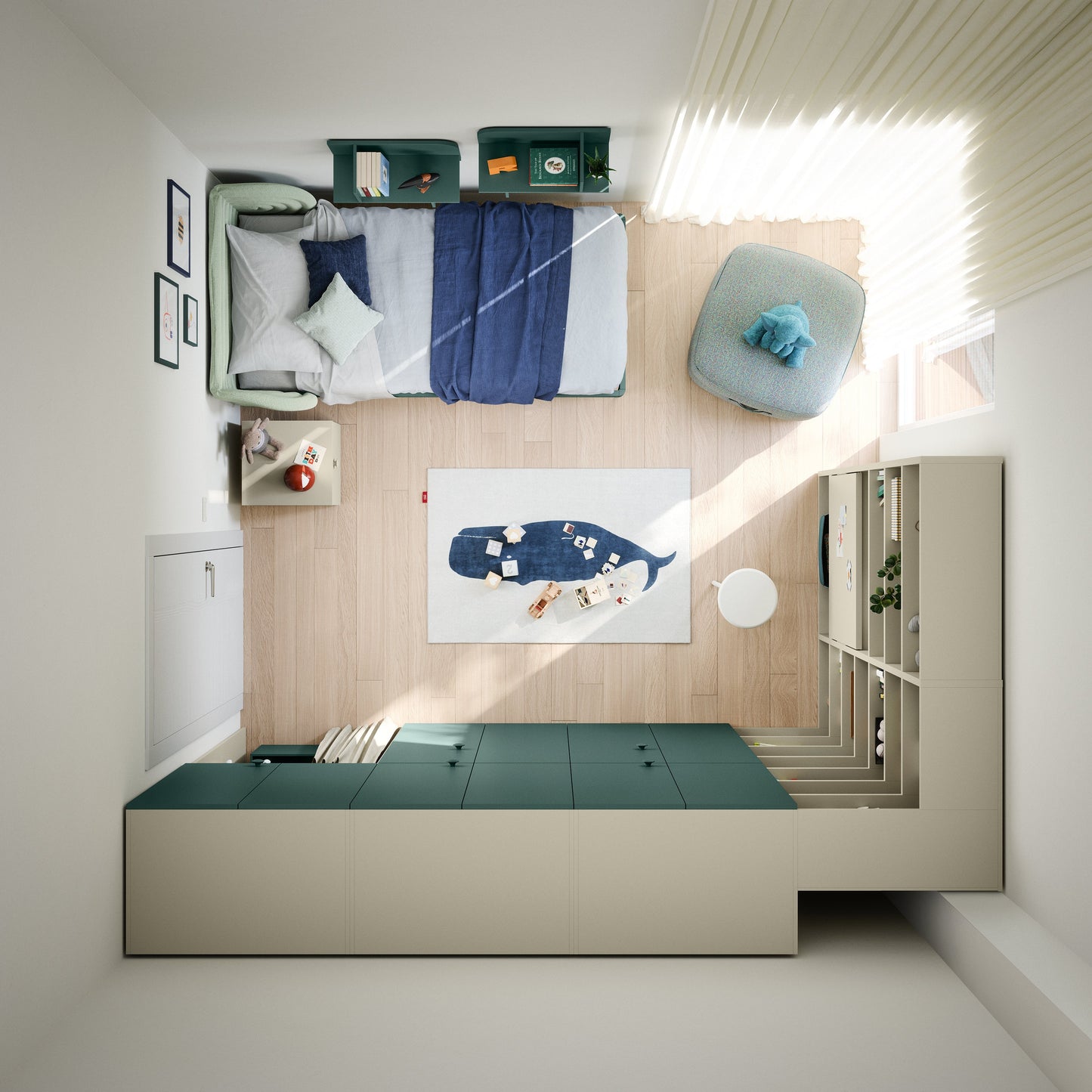 KIDS Modern bedroom with a bed, desk, and wall art