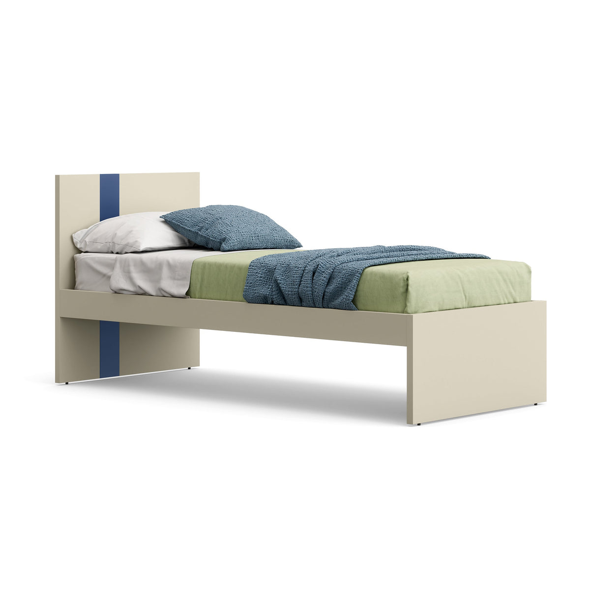 A modern single bed frame in a light beige finish, styled with a light green mattress, a blue throw blanket, a blue pillow, and a white pillow. The headboard features two vertical blue stripes.